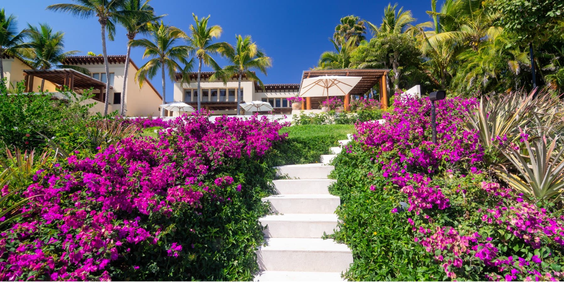 A vibrant tropical property featuring Spanish-style architecture, lush gardens with brilliant bougainvillea, and swaying palms under sunny skies. Ascend the tiered landscaping to your private paradise by the sea.