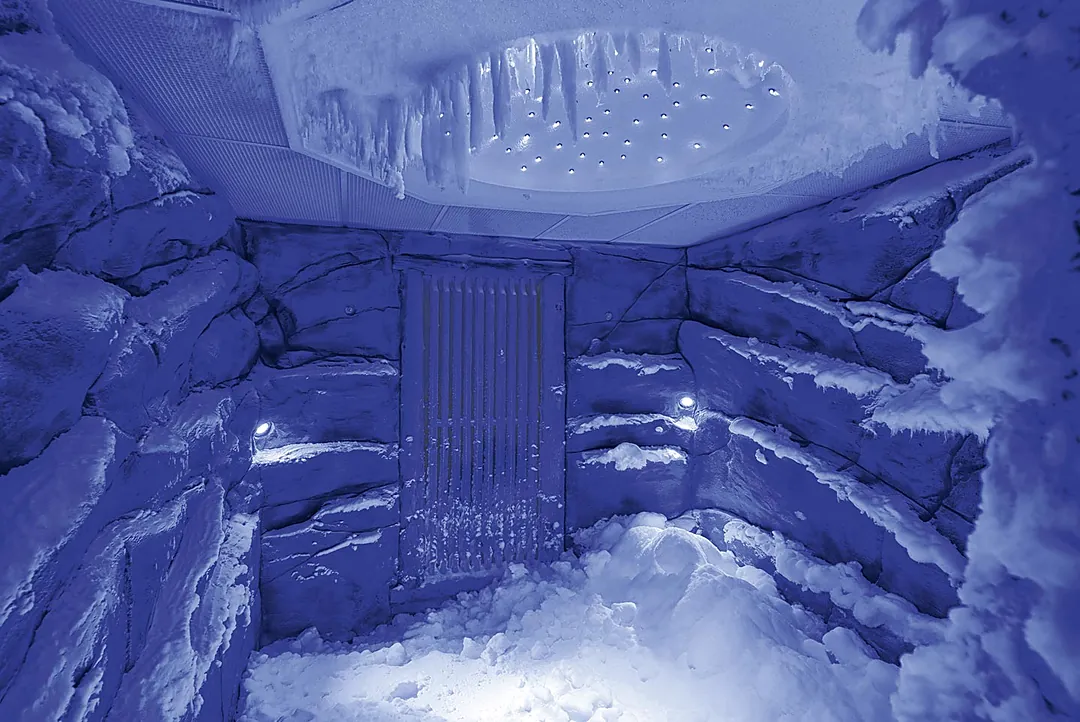 The unique ice room of La Datcha, with snow at the bottom and ice covering the walls.