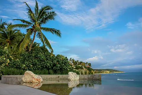 A tranquil infinity pool with natural stone accents overlooks the coastline, framed by swaying palms and lush tropical vegetation beneath open skies.