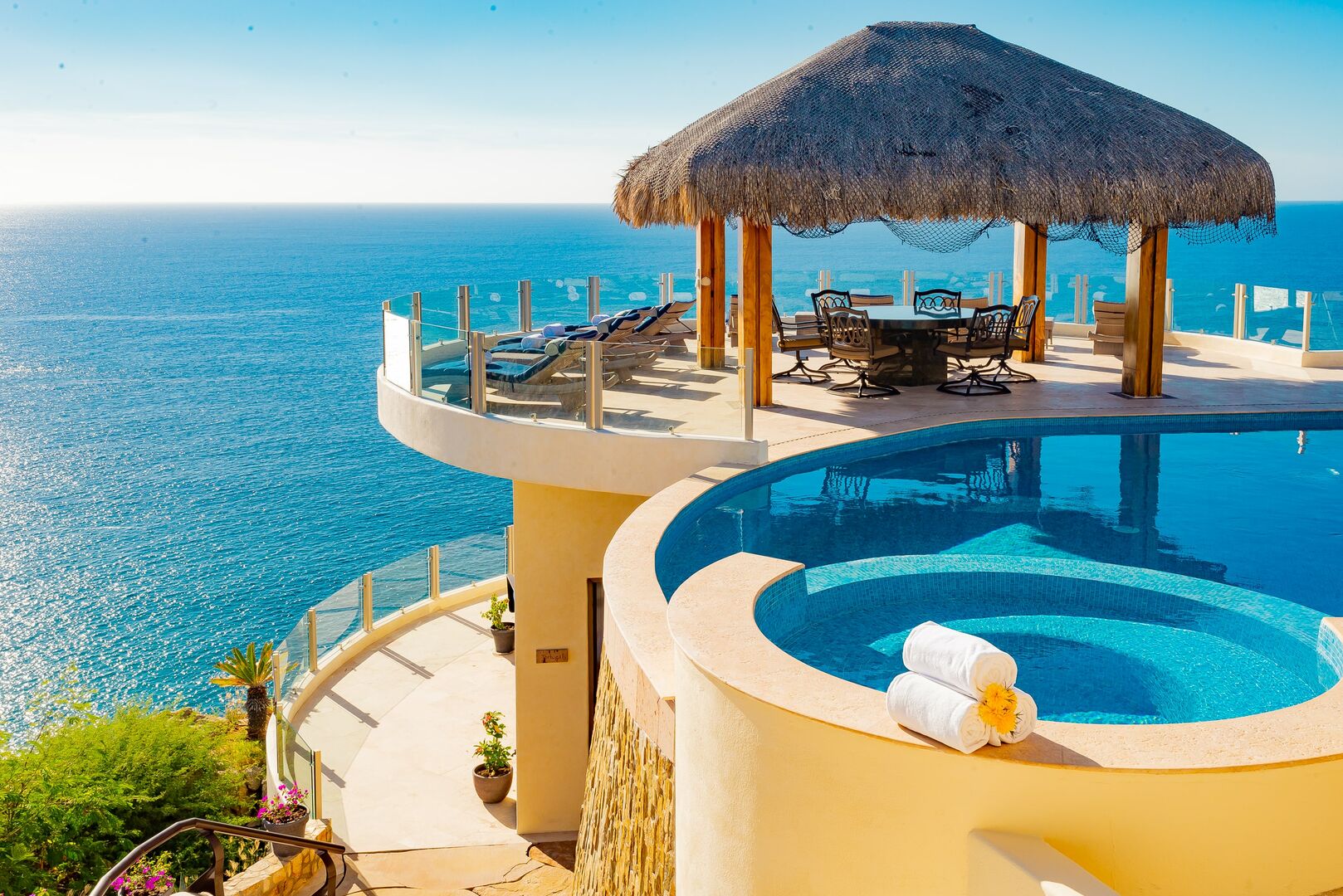 The elevated pool and patio of one of our Rentals in Cabo Mexico